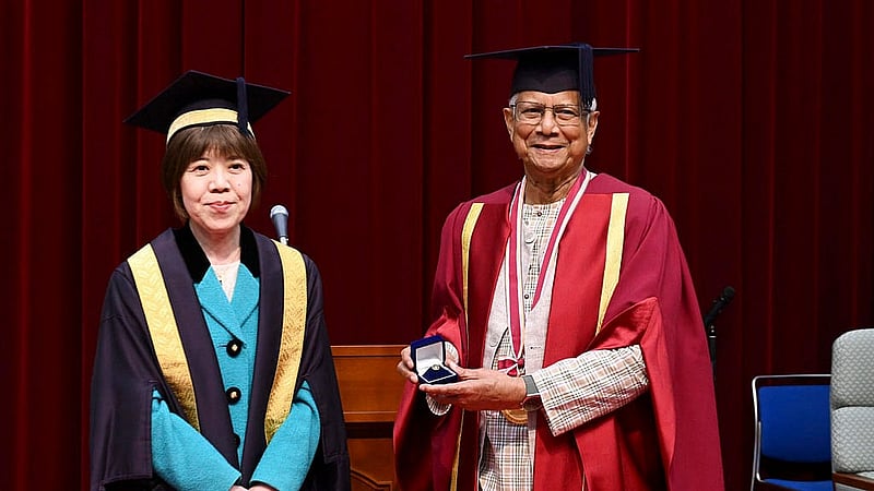 In recognition of his contribution to social innovation and global development, Soka University in Japan awards Chief Advisor Muhammad Yunus an honorary doctorate degree. Photo: PID