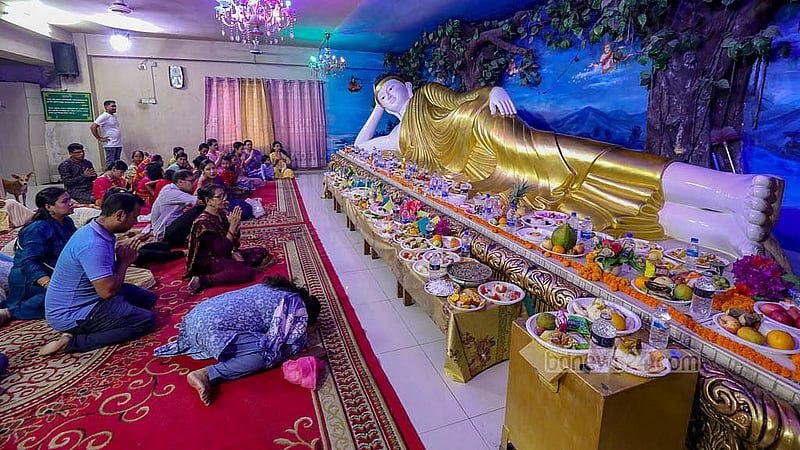 Buddhists celebrate their largest festival Buddha Purnima at Dharmarajik Buddhist Mahavihara in Dhaka’s Sabujbagh on Wednesday, May 22, 2024. Photo: Mahmud Zaman Ovi