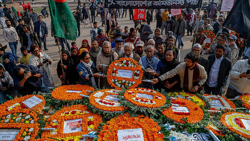 Leaders of the Communist Party of Bangladesh, or CPB, pay homage to the nation’s brightest minds at the Rayer Bazaar Massacre Memorial on Saturday morning, Dec 14, 2024. Photo: Mahmud Zaman Ovi