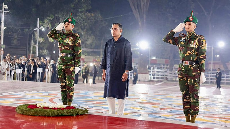 Prime Minister Tarique Rahman honours the language martyrs with a floral wreath at the Central Shaheed Minar in the first hours of International Mother Language Day.