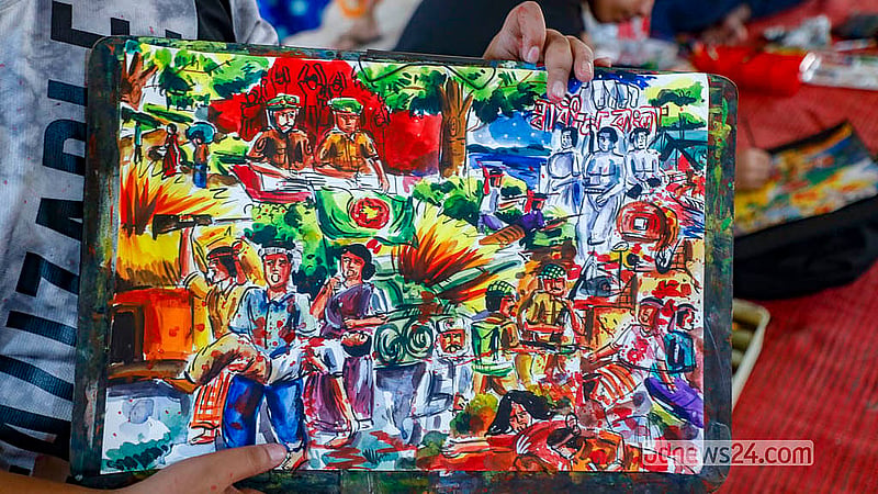Children bring the grim realities of the 1971 Liberation War to life with brushes and paint at Dhaka University’s Jagannath Hall on Wednesday, Mar 25, 2026, to observe Genocide Day. Photo: Abdullah Al Momin