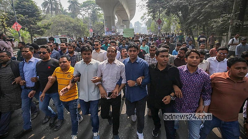 Jatiyatabadi Chhatra Dal (JCD) hold a protest march and rally at Dhaka University on Sunday, Feb 1, 2026, against Jamaat-e-Islami Ameer Shafiqur Rahman’s “misogynistic comments”. Photo: Abdullah Al Momin