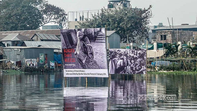 A view of photographer Parvez Ahmed Rony’s floating photography exhibition at Korail Lake, marking Felani Day and protesting border killings. Photo: Abdullah Al Momin