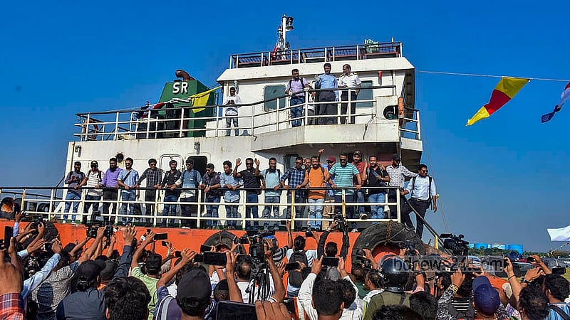 Lighter vessel MV Jahan Moni-3 arrived in the New Mooring Container Terminal of Chattogram Port from Kutubdia on Tuesday, May 14, 2024, with the crew members of hijacked ship MV Abdullah who were freed by Somali pirates after a month in captivity.