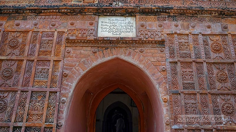 The red brick structure and decorative walls are the highlights of the historic Atia Mosque in Tangail. Photo: Tanzinur Rahman Bhuiyan