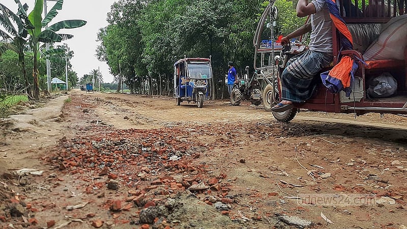 The surface of a road in Parshuram’s Mirza Nagar Union has been washed away after being submerged in floodwater. Photo: Uttam Sen Gupta
