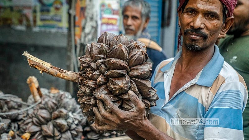 Abdur Rashid, a seller of Gol Fol. This fruit is found on the coast of the Sundarbans. Photo: Abdullah Al Momin