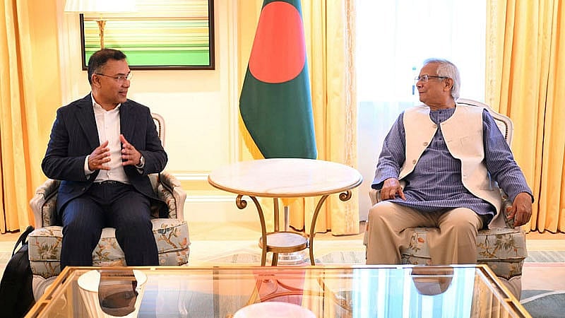 Chief Advisor Muhammad Yunus meets with BNP Acting Chairperson Tarique Rahman on Friday, Jun 13, 2025 at The Dorchester hotel in London’s Park Lane. Photo: PID