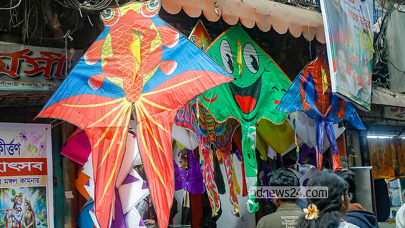 Kites of vibrant colours and different designs are displayed at Shankhari Bazaar in Old Dhaka. Kites priced from Tk 5 to Tk 300 are available in the shops. Photo: Abdullah Al Momin