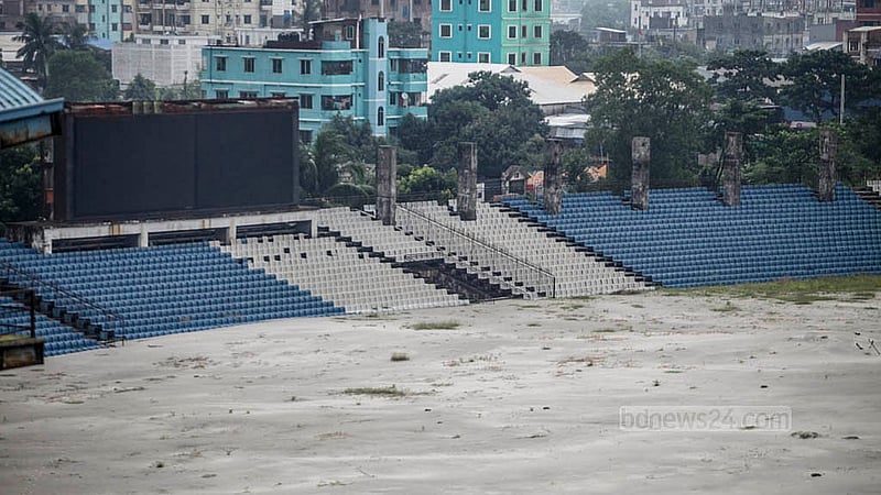 Different parts of a scoreboard can be seen at the “Shaheed Ria Gope Cricket Stadium” in Narayanganj’s Fatullah. Photo: Abdullah Al Momin
