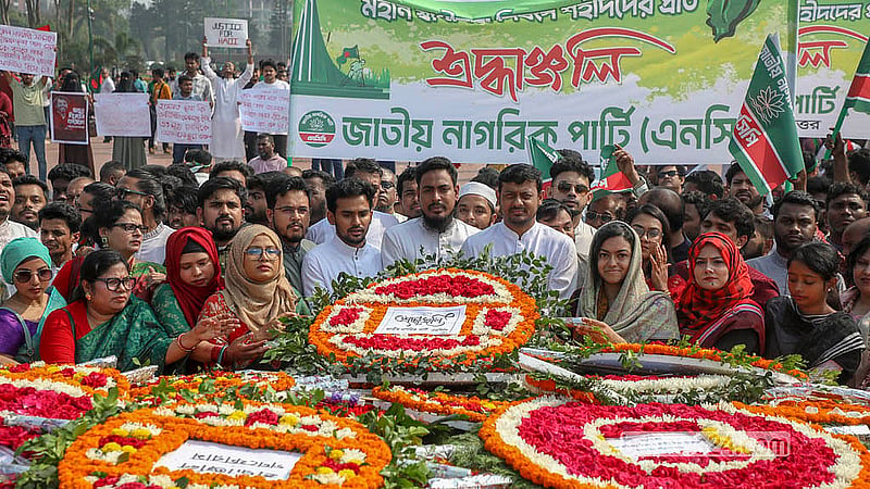 Members of the National Citizen Party (NCP) offer floral wreaths at the National Memorial in Savar on Thursday, Mar 26, 2026.
