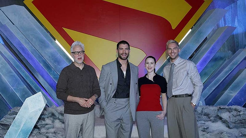 FILE PHOTO: Director James Gunn and cast members David Corenswet, Rachel Brosnahan, and Nicholas Hoult pose at a photo call for the film Superman in Culver City, California, US, Jun 28, 2025. REUTERS/Mario Anzuoni/File Photo