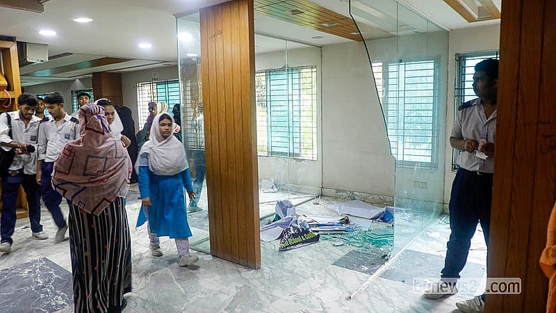 Students vandalise parts of the school premises during protests following the death of Class 10 student Sabikun Nahar.  Photo: Abdullah Al Momin