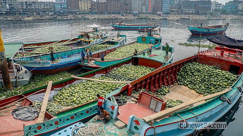 Watermelons from Bangladesh’s southern districts are brought to the Wiseghat Dock in Old Dhaka. Photo: Abdullah Al Momin