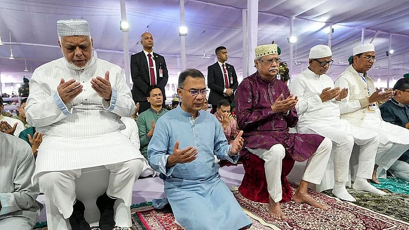 President Md Shahabuddin and Prime Minister Tarique Rahman take part in a prayer service after the main Eid-ul-Fitr congregation at the National Eidgah on Saturday, Mar 21, 2026. Photo: PMO