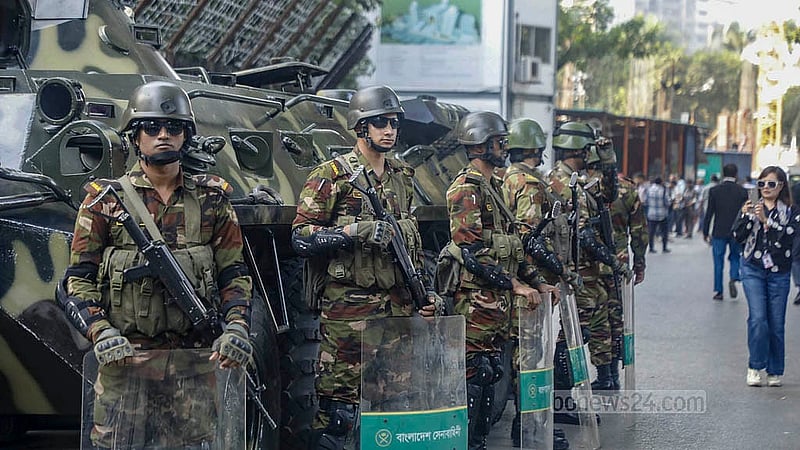 Army personnel on alert outside the International Crimes Tribunal (ICT) on Monday, Nov 17, 2025, following the sentencing in the July Uprising case. Photo: Abdullah Al Momin