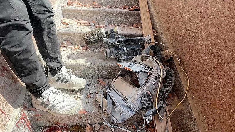 Equipment used by Reuters cameraman Hussam al-Masri lies at the site where he was killed, along with other journalists and people, in Israeli strikes on Nasser hospital, in Khan Younis in the southern Gaza Strip, in this still image taken from video, Aug 25, 2025. REUTERS