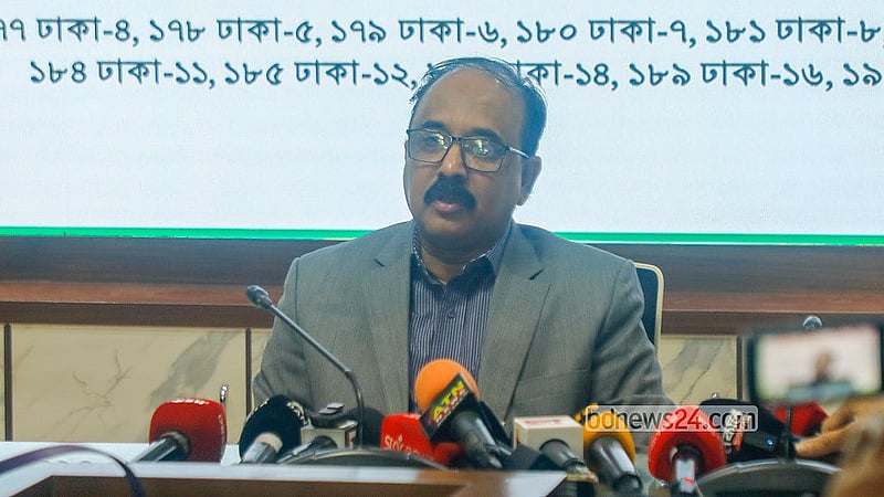 Dhaka Divisional Commissioner and Returning Officer Sharaf Uddin Ahmed Chowdhury speaks to journalists at his office on Monday, Dec 29, 2025.  Photo: Abdullah al Momin