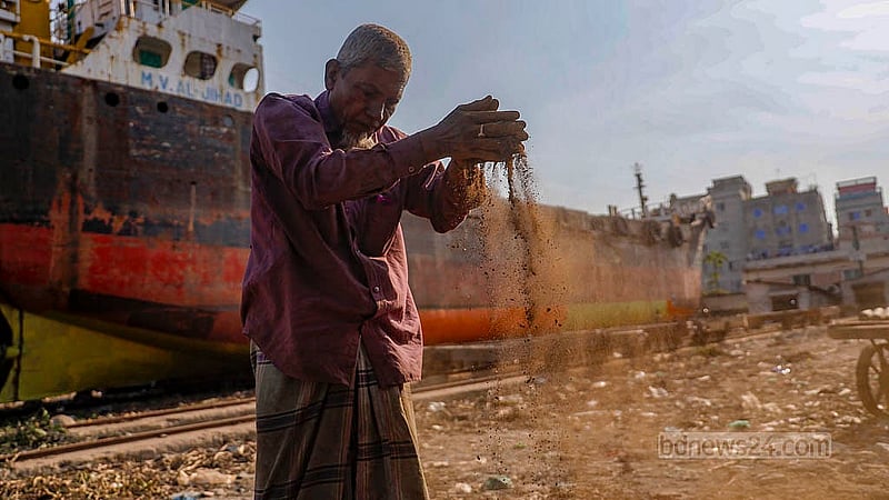 Matiur Rahman sometimes buys the dust and waste generated during ship repairs to look for brass; sometimes he gets it for free. Afterwards, he separates the brass in various ways. Photo: Mahmud Zaman Ovi