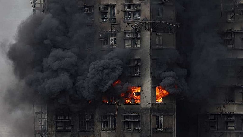 Thick smoke billows from the upper floors of a residential block at Wang Fuk Court housing estate during a major fire that engulfed bamboo scaffolding across multiple buildings, in Tai Po, Hong Kong, China, Nov 27, 2025. REUTERS/Tyrone Siu