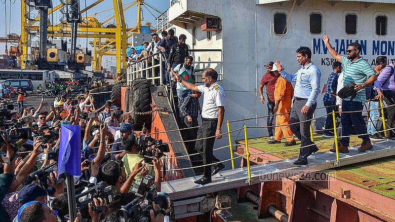 MV Abdullah sailors arrive in the New Mooring Container Terminal of Chattogram Port by another ship from Kutubdia on Tuesday, May 14, 2024. Somali pirates freed MV Abdullah and its crew after holding them hostage for over a month. Photo: Suman Babu