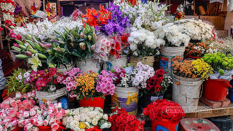 Vendors decked their stalls with vibrant arrangements for Pohela Falgun and Valentine’s Day, but prices on Friday, Feb 13, 2026 were noticeably higher than in previous days. Photo: Mahmud Zaman Ovi
