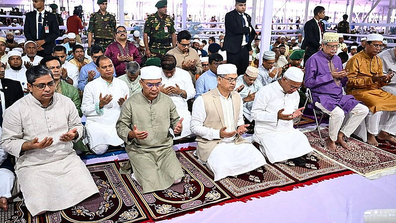 President Md Shahabuddin and Prime Minister Tarique Rahman take part in a prayer service following Eid-ul-Azha prayers at the National Eidgah on Thursday, May 28, 2026. Photo: PMO