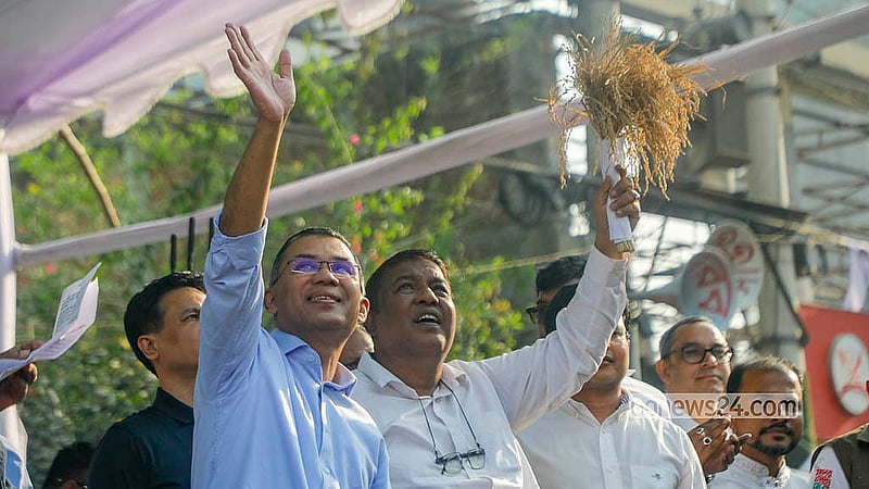 On the first day of the election campaign, BNP Chairman Tarique Rahman waves to supporters at a rally at Dhaka’s ECB Chattar on Sunday, Feb 8, 2026. Photo: Abdullah Al Momin