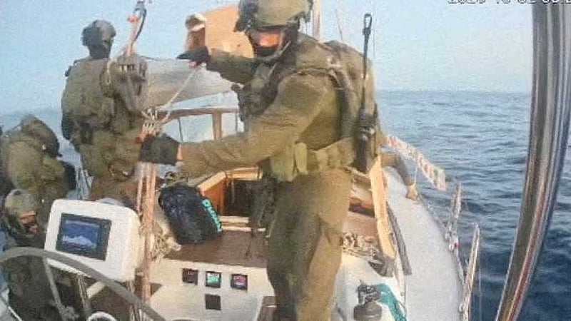 A screengrab from a live stream video shows Israeli navy forces aboard the Gaza-bound vessel Oxygono, part of the Global Sumud Flotilla, which flotilla organisers report has been intercepted, Oct 2, 2025. Global Sumud Flotilla/Handout via REUTERS
