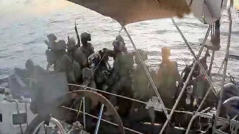A screengrab from a live stream video shows Israeli navy forces surround the Gaza-bound vessel All In, part of the Global Sumud Flotilla, which flotilla organisers report has been intercepted, Oct 2, 2025. Global Sumud Flotilla/Handout via REUTERS 