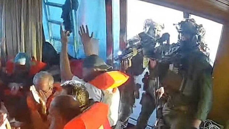 A screengrab from a live stream video shows Israeli navy forces aboard the Gaza-bound vessel Florida, part of the Global Sumud Flotilla, which flotilla organisers report has been intercepted, Oct 2, 2025. Global Sumud Flotilla/Handout via REUTERS