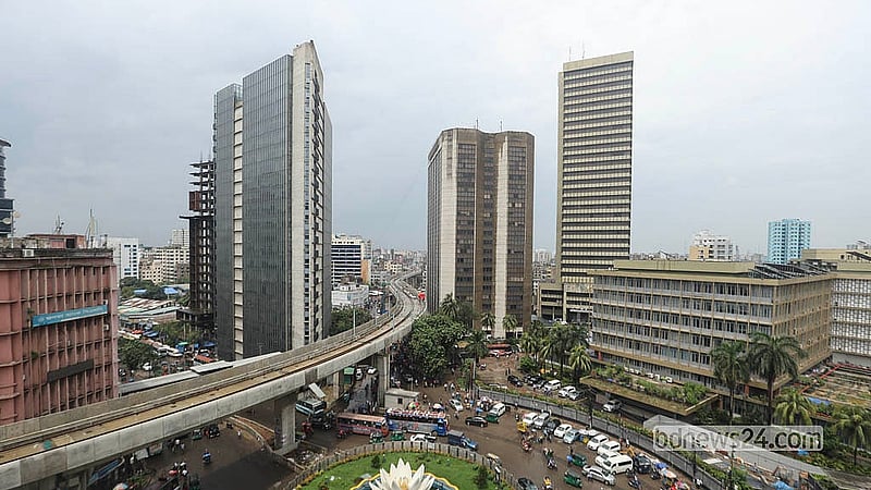 The new viaduct of the metro rail (MRT Line-6) can be seen over the Shapla Chattar in Motijheel, headed towards Kamalapur Railway Station. Photo: Shamsul Haque Ripon