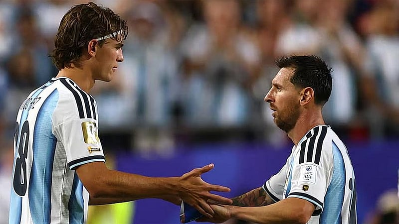 FIFA World Cup 2026 - Group J - Argentina v Algeria - Kansas City Stadium, Kansas City, Missouri, US - Jun 16, 2026 Argentina's Nico Paz comes on as a substitute to replace Lionel Messi REUTERS