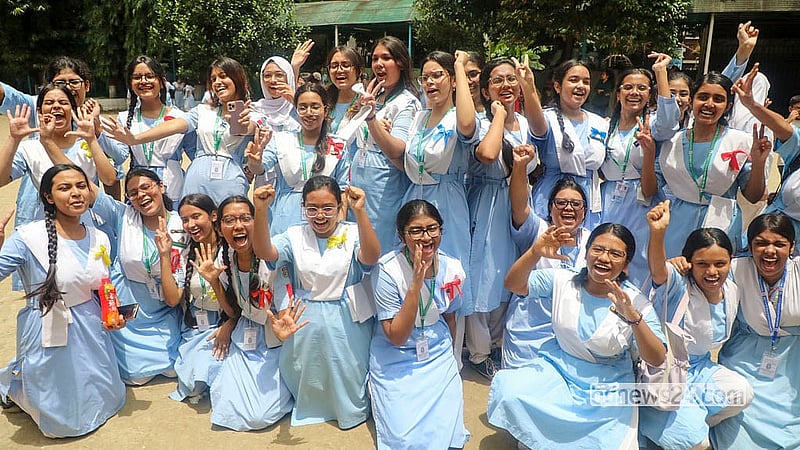 Students of Viqarunnisa Noon School and College celebrate after the release of their SSC exam results. Photo: Abdullah Al Momin