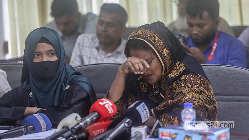 Nasima Begum breaks down in tears while speaking about her husband Mizan Jamaddar, a BNP activist from Rajapur in Jhalakathi who fell victim to enforced disappearance, at the National Press Club on Saturday, Aug 29, 2026. Photo: Abdullah Al Momin