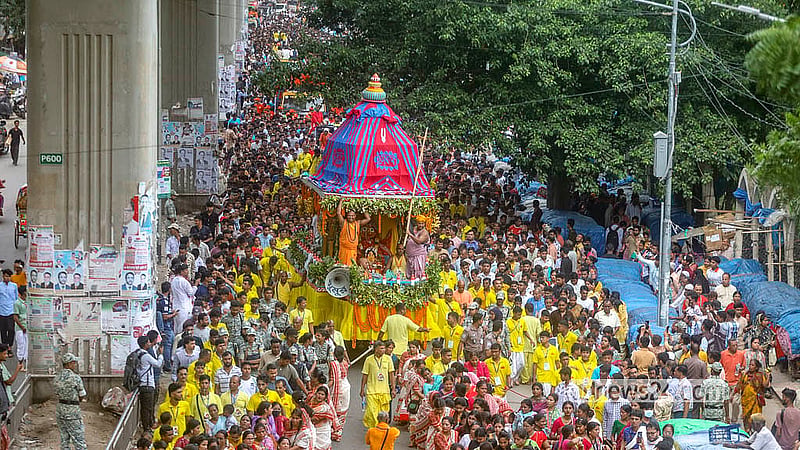 According to Sanatani religious leaders, the Rath Yatra is observed in accordance with tradition to commemorate the journey of Jagannath, his brother Balaram and their sister Subhadra. Balaram's chariot leads the procession, followed by Subhadra's in the middle. Photo: Abdullah Al Momin