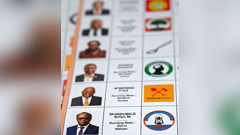 Zambian opposition presidential candidate Brian Mundubile, of the Tonse Alliance, appears on a ballot at a polling station during the country's general elections, in Lusaka, Zambia, Aug 13, 2026. REUTERS/Moses Mwape