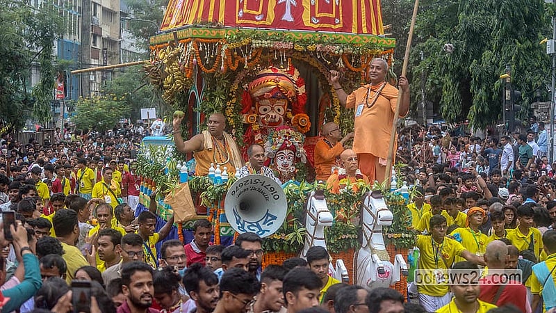 According to Sanatani religious leaders, the Rath Yatra is observed in accordance with tradition to commemorate the journey of Jagannath, his brother Balaram and their sister Subhadra. Balaram's chariot leads the procession, followed by Subhadra's in the middle. Photo: Abdullah Al Momin