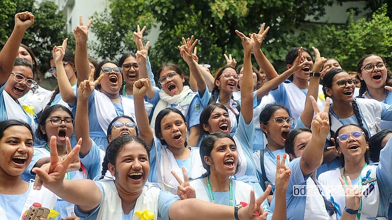 Students who passed their SSC exams celebrate at Viqarunnisa Noon School and College with music after their results are released. Photo: Abdullah Al Momin