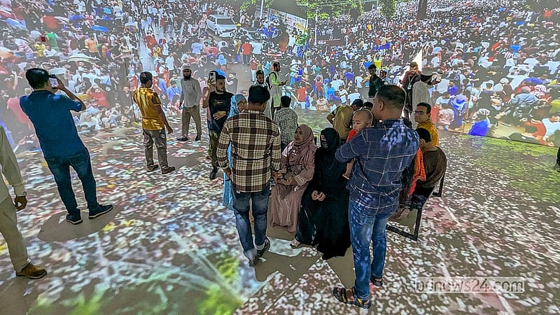 Visitors watch a 3D animation made from photos and videos taken during the July Uprising at the July Mass Uprising Memorial Museum on Thursday, Aug 6, 2026. Photo: Abdullah Al Momin