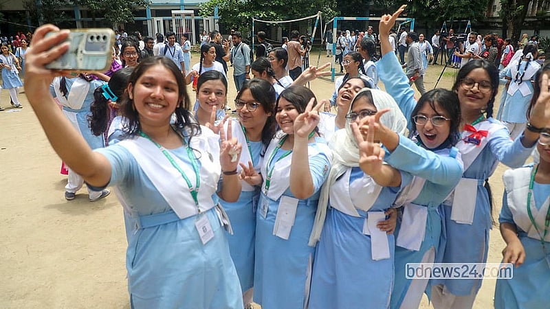 Students of Viqarunnisa Noon School and College celebrate after the release of their SSC exam results. Photo: Abdullah Al Momin