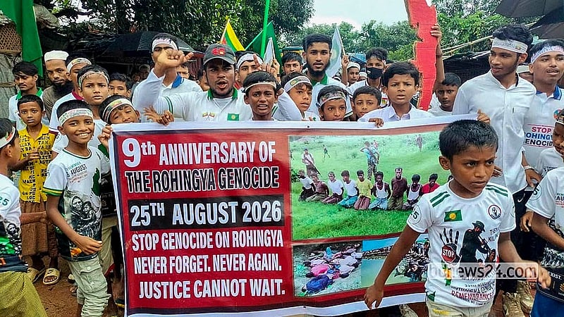 Rohingya refugees march through the Kutupalong refugee camp in Ukhiya, Cox’s Bazar, on Tuesday, Aug 25, 2026, demanding an end to the genocide in Rakhine State and raising other demands to mark “Rohingya Genocide Day”. Photo: Jashim Mahmud