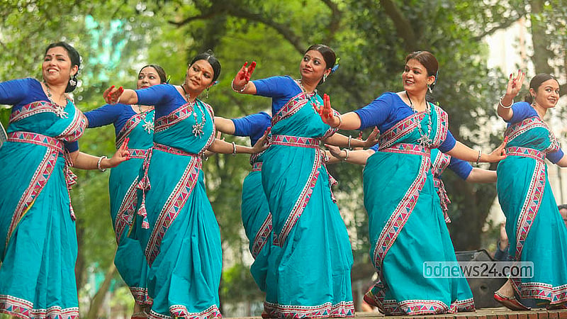 Dancers in vibrant costumes welcome the rain-soaked month of Ashar with graceful group performances at “Ghanaghata 2” in Bakultala at Dhaka University’s Faculty of Fine Arts, captivating the audience on Friday, Jul 17, 2026. Photo: Shamsul Haque Ripon