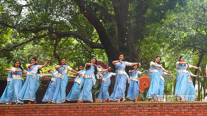 Dancers in vibrant costumes welcome the rain-soaked month of Ashar with graceful group performances at “Ghanaghata 2” in Bakultala at Dhaka University’s Faculty of Fine Arts, captivating the audience on Friday, Jul 17, 2026. Photo: Shamsul Haque Ripon