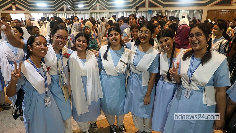 Students who passed their SSC exams celebrate at Viqarunnisa Noon School and College with music after their results are released. Photo: Abdullah Al Momin