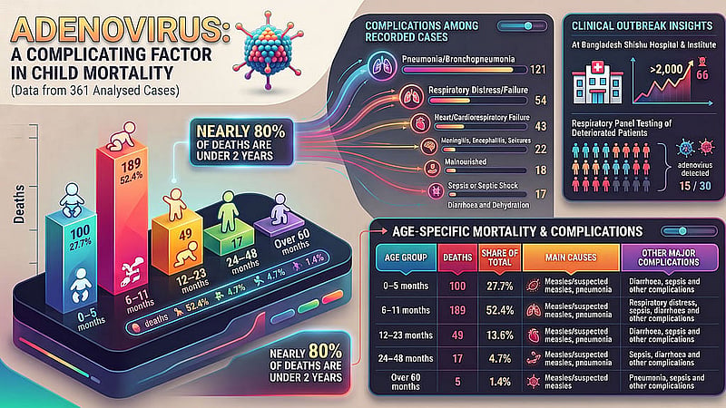 Co-infections are compounding the measles crisis, with adenovirus detected in half of tested critical patients. Data reveals infants under 2 years account for nearly 80 percent of fatalities, driven by severe pneumonia and systemic complications. Created with Gemini AI