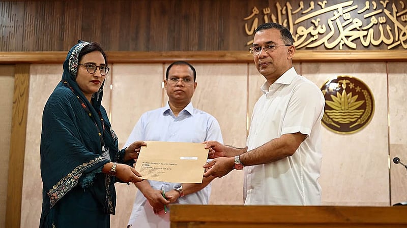 Prime Minister Tarique Rahman hands appointment letters to family members of victims of enforced disappearances and killings during the anti-Awami League “fascist” movement, as well as families of those killed during the July Uprising, at the Prime Minister’s Office in Dhaka’s Tejgaon on Saturday, Aug 29, 2026. Photo: PMO