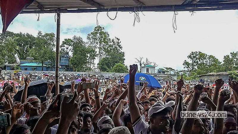 Rohingya refugees attend a rally at the Kutupalong refugee camp in Ukhiya, Cox’s Bazar, on Tuesday, Aug 25, 2026, to mark “Rohingya Genocide Day”. Photo: Jashim Mahmud