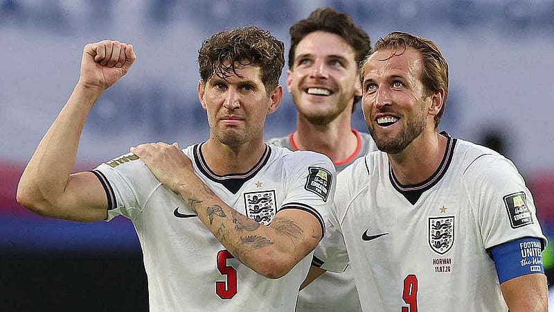 Harry Kane and John Stones celebrate at the final whistle in Miami as the Three Lions storm into the World Cup semi-finals Miami Stadium, Miami Gardens, Florida, US on Jul 11, 2026. Credit: REUTERS/Paul Childs