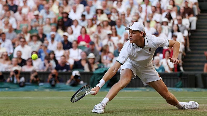 Wimbledon - All England Lawn Tennis and Croquet Club, London, Britain - Jul 12, 2026 Italy's Jannik Sinner in action during his final match against Germany's Alexander Zverev REUTERS/Marko Djurica